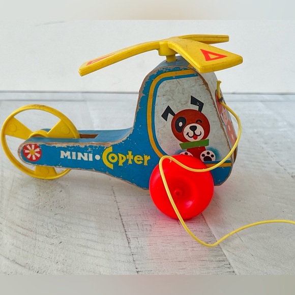 Vintage MINI-COPTER WHIRLYBIRD Fisher Price #448 Helicopter Wooden Pull Toy 1970 - Picture 3 of 9